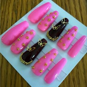 Pink and Brown Nail Art Set with Gold Accents